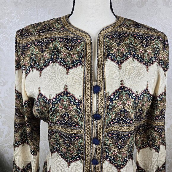 Adrianna Papell Size 4 Cream/Tan Patterned Jacket 100% Silk Button Front Closure - Picture 2 of 13
